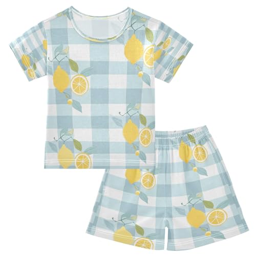 senya Short Sleeve Pajamas Sets Summer Cotton Sleepwear Lemon Blue and White Plaid