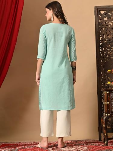 Image of Amazon Brand - Tavasya Women Cotton Katha Straight Regular Fit Kurta | Solid Ethnic Kurti | 3 /4 Sleeve Casual & Office Wear |Kurta for Women