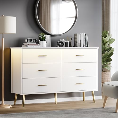 White Dresser for Bedroom, Dressers & Chests of Drawers for Clothes Storage, Wood Dresser for Closet with 6 Drawers, Wide Long Clothes Organizer with LED Light for Hallway, Entryway, Metal Handles - Image 3