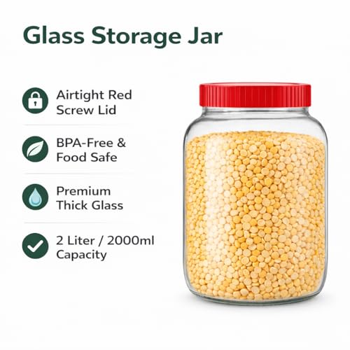 Image of 2000ml Glass Storage Jar Pack of 2 with Red Screw Lid | Airtight Round Glass Container for Kitchen Storage | Food Grade Pantry Jar for Rice, Dal, Flour, Sugar, Dry Fruits & Grocery