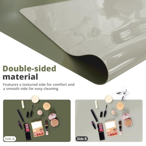 Image of LovePads Makeup Mat for Vanity, 14 x 24 Dual-Sided Desk Pad & Vanity Cover Top, Waterproof PVC Protector Mat for Dresser, Nail Art, Craft Table (Green+Grey)