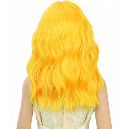 Image of Deep Yellow Wig short Yellow Wavy Curly Wigs Wig with Air Bangs Synthetic Cosplay Hair Wigs