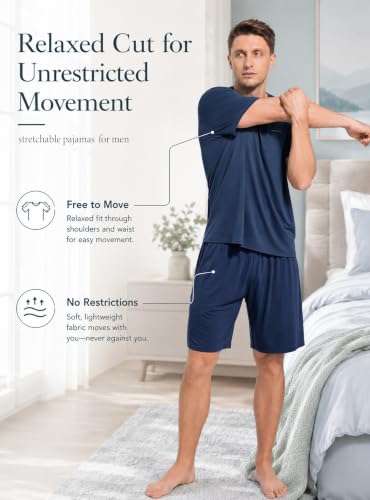 Image of SlumberMee Mens Cooling Pajamas Set Soft Bamboo-like Viscose Short Sleeve Sleepwear 2 Piece Lounge Set for Hot Sleepers