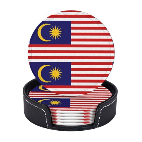 Lot de 6 sous-verres circulaires en cuir synthétique avec support, motif drapeau de la Malaisie