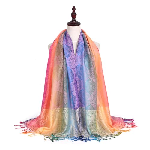 Rainbow Paisley Pashmina Scarf, Tassel Fringe Shawl, Ethnic Style Fashion Wrap，Multi-Color4