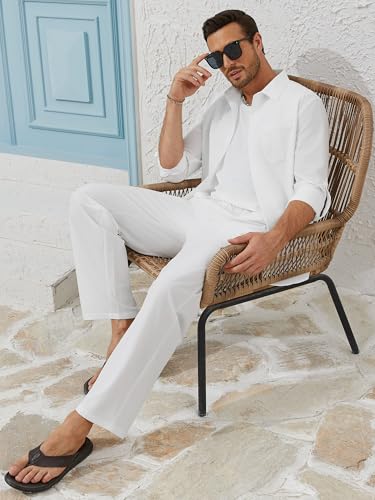 WEEN CHARM Mens Shirts Casual 2 Piece Long Sleeve Button Down Cuban Shirt and Pants Set Summer Beach Outfits3