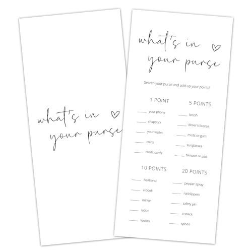 Tsunerrorami Bridal Shower Games, What's in Your Purse, 25Pcs 4x9inch Minimalist White Double-Sided Bridal Game Cards, Wedding Shower Games for Guests, Engagement Bachelorette Party Supplies - A18
