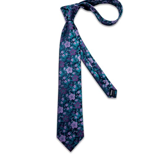 Image of DiBanGu Silk Floral Ties for Men Woven Paisley Necktie and Tie Clip Handkerchief Cufflinks Set for Party Wedding