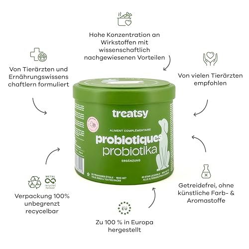 Treatsy Futterergänzungsmittel für Hunde Verdauung - Gegen Durchfall & Verstopfung - Präbiotika, Probiotika, Postbiotika, Psyllium - Von Tierkliniken empfohlen - 60 Hähnchen-Leckerlis