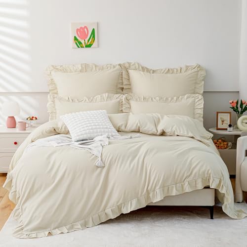 TOCOMOA Rüschen Bettwäsche 135x200 Mädchen, Aesthetic Bettwäsche-Sets Mikrofaser, Öko-Tex Zertifiziert, Weich Beige Bettbezug mit Reißverschluss, Kopfkissenbezug 80x80cm