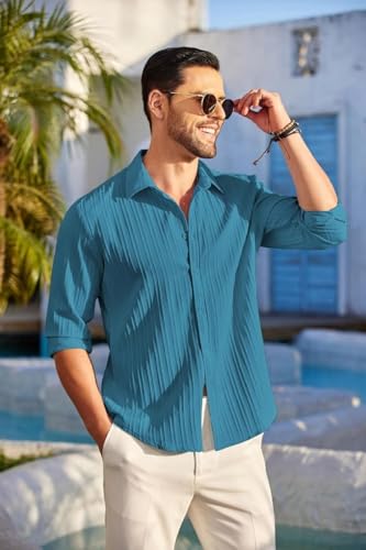 Image of Men's Casual Button Down Shirts Long Sleeve Linen Shirt Fashion Textured Beach Summer Shirt