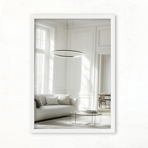 CLAMARO Vision - Espejo de pared (80 x 110 cm, hecho a medida, color blanco mate, moderno espejo rectangular con marco de madera de densidad media, incluye colgador de metal y material de montaje