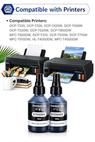 Image of ROHINK Premium Dye Ink Bottles for Brother Printers, T220, T300, T310, T420, T500, T520, T820, T920, T510, T910, T710, T4500W, T800W, T710W - Printer