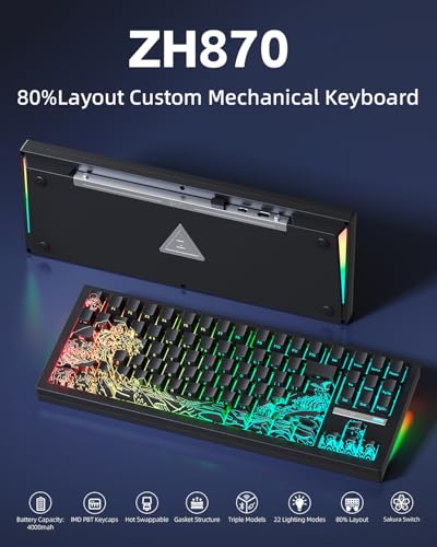 Image of ZORNHER ZH870 Wireless Gaming Mechanical Keyboard,80% Black Custom Creamy Sound Keyboard with Shine Though Wave of Kanagawa Kanagawa Keycaps,Creamy Sounding Linear Switches,Hot-Swappable,RGB Backlit