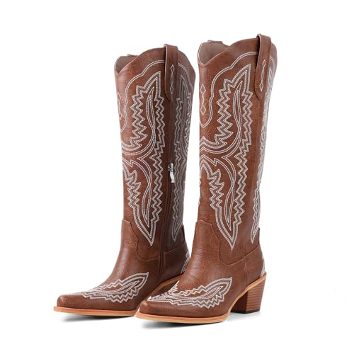 Image of LingxiaUne Cowboy Boots for Women Floral Cowgirl Boots with Pointed Toe and Chunky Heel Mid Calf Western Boot for Concert Festival Country Night Party