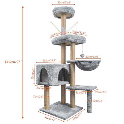 HOMIDEC Katzen Kratzbaum, 145 cm Katzenbaum Kletterturm, Kletterbaum Aktivitätskratzbäum mit Säulen vollständig mit Sisal umwickelt, Katzenspielzeug, Höhle, Plattformen, Liegemulde, Hellgrau – Bild 5