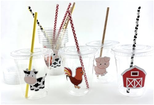 Farm Party Cups, Barnyard Birthday Supplies, Plastic Disposable Cups with Lids and Paper Straws, Set of 12