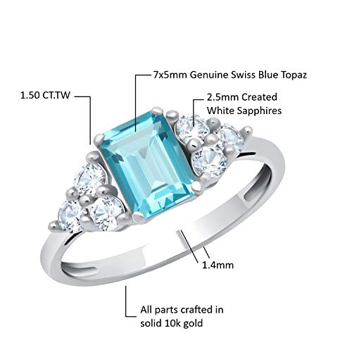 Max + Stone 10K White Gold Ring For Women With Emerald Cut Swiss Blue Topaz Gemstone And Created White Sapphire Accents And December Birthstone Anniversary Ring Size 6 #TOP3