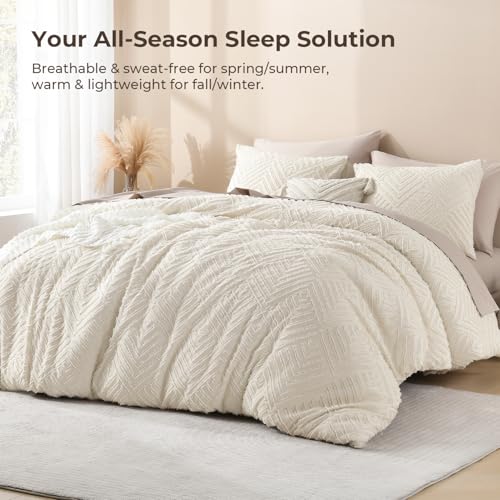 Image of Litanika King Size Comforter Set Beige, 3 Pieces Cream Tufted Boho Farmhouse Bedding Comforter Sets, Lightweight Fluffy Comforter Bed Set for All Season (104x90In Comforter and 2 Pillowcases)