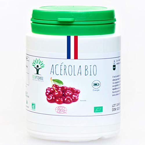 Acérola bio | 200 gélules | Complément alimentaire | Energie Vitamine C | Bioptimal nutrition naturelle| Fabriqué en France | Certifié par Ecocert | Satisfait ou Remboursé 30 jours 