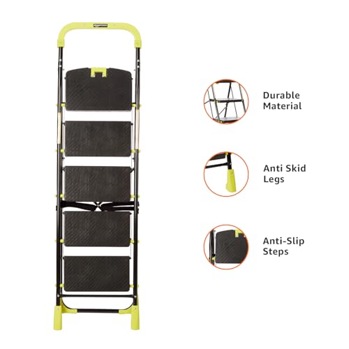 Image of Amazon Basics Dynamo - Foldable Step Ladder, Safety Clutch Lock, Anti Slip Steps, Knee Guard, Anti Skid PVC Shoes, 5 Steps (Steel, Black & Lime Green)