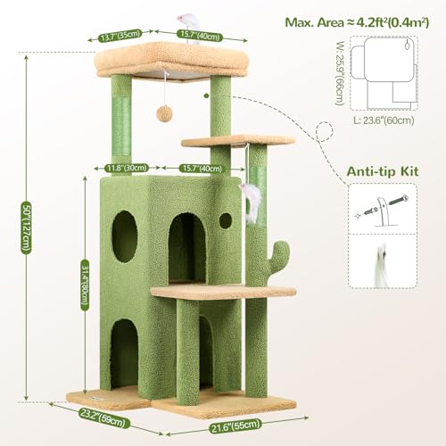 Image of Globlazer Cactus Cat Tree Tower for Indoor Cats, 50-inch Adult Cat Tree House for Large Adult Cats with Steps, Scratching Post, 2 Cat Caves, Dangling Toys, FC50, Green