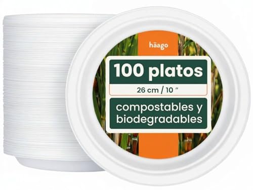 HAAGO 100 Platos Compostables de Caña de Azúcar, 26 cm / 10" - Platos de Cartón Resistentes, Anti-Grasa y a Prueba de Fugas – Biodegradables & Desechables para Fiestas, Bodas y Cumpleaños