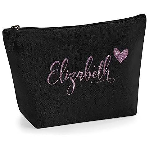 Personalized Name Initials & Heart Make Up Accessory Bag in Black Colour Glitter or Flock Texture Print - Rose Gold Glitter - M Black Cover