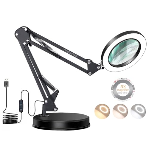 Image of BROLAVIYA Overhead Heavy Base 5X Magnifying Glass with Led Light and Stand, 3 Color Modes Dimmable, Flexible Metal Arm, Magnifier Desk Lamp for Crafts, Makeup, Reading, Photography - Black