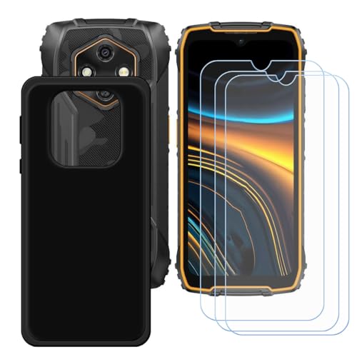 LCEHTOGYE �K�p Ulefone RugKing 4 Pro�p�P�[�X+3x�����K���X�X�N���[���v���e�N�^�[�A�K�p Ulefone RugKing 4 Pro (6,56")�ƌ݊����̂���u���b�N�\�t�gTPU�V���R���Q���P�[�X�ی�J�o�[