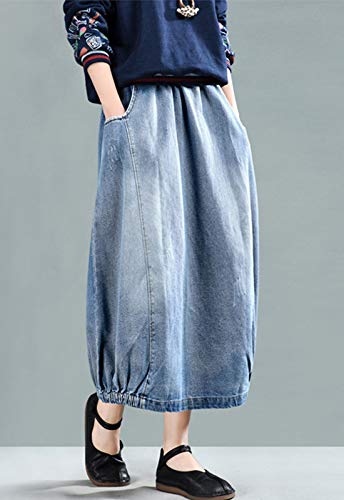 Flygo Women's Casual Elastic Waist Midi Long Denim Skirt with Pockets Light Blue2
