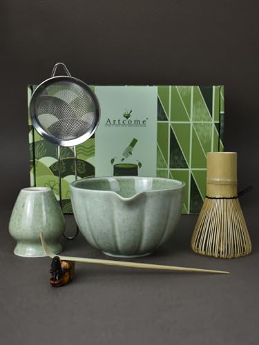 Artcome Juego de matcha japonés, cuenco de matcha con boquilla de vertido, batidor de matcha, cuchara de té, soporte para batidor, kit de ceremonia de matcha hecho a mano para ceremonia de té japonesa