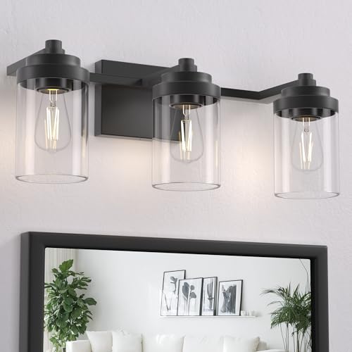 Image of Bathroom Vanity Light Fixture, 3-Light Modern Black Vanity Light Fixtures with Clear Glass Shade, Matte Black Bathroom Light Fixtures Over Mirror, Rustic Restroom Lighting Fixtures