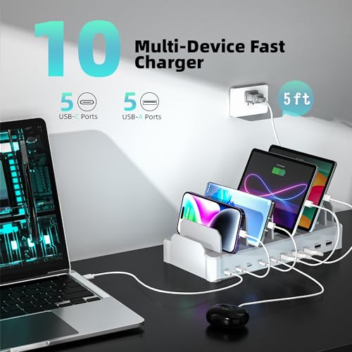 Image of 420W Charging Station for Multiple Devices, Zobirez 10-Port USB C Fast Charger Stations for MacBook, iPhone, Android Cell Phone, iPad, Tablet, Family Multi-Device Organizer Charging Dock, White