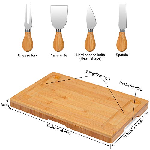 Bamboo Cheese Board And Knife Set, Cheese Plate Charcuterie Platter Serving Tray For Wine, Crackers, Brie And Meat, Large Thick Wooden Server, Fancy House Warming Gift For Gourmets (16''X10'') #TOP1