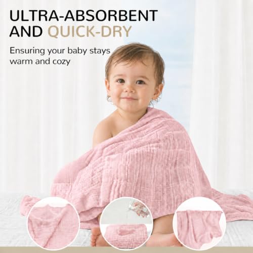 Image of Momsnug 3-Pack Muslin Hooded Baby Towels, Pink + White + Rose, 35 inch X 35 inch