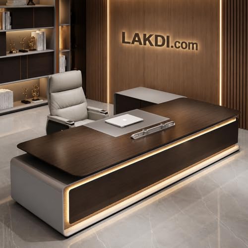 Image of Luxury Executive Office Desk with Side Storage Cabinet, Premium CEO Manager Table in Dark Walnut Finish for Modern Office Cabin & Workspace Furniture (LDL-792 MDFL L8W3)