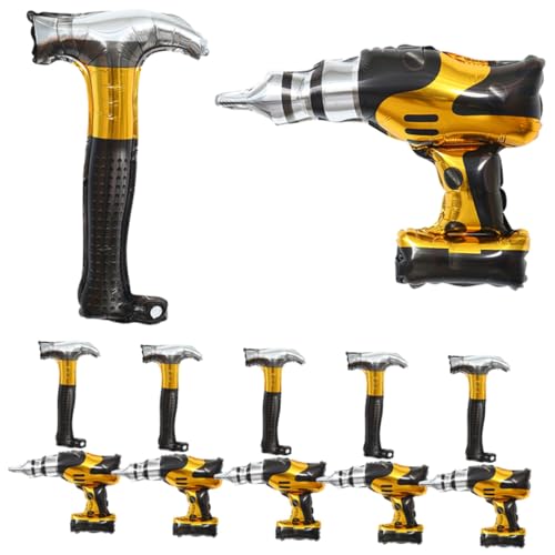 Supvox 12 Stück Aufblasbare Cartoon Werkzeugballons Aluminiumfolie Geburtstags Deko Hammer und Bohrmaschine Ballons für Kinder Party Wand Fenster Tisch Dekoration