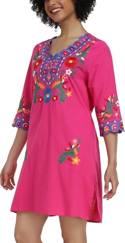 Image of YZXDORWJ Women Embroidered Mexican V Neck Floral Dress Long Sleeve Floral Traditional Bohemian Dress