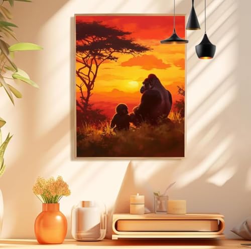 Scimpanzé Dipingere con i Numeri Adulti 10x20cm, Tramonto Quadri da Dipingere Numerati Bambini, Paint by Numbers Adults Pittura a Olio Kit con pigmento Acrilico e 3 Pennelli per Room Decor,Model 989