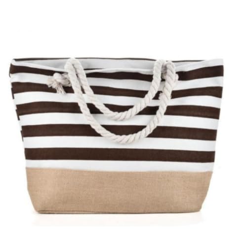 Sac de plage rayé en toile pliable marron café avec fermeture zippée sécurisée