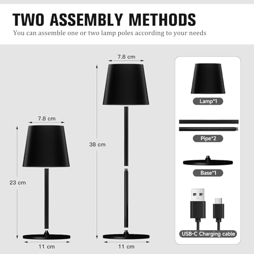 DEELUX Kabellose Touch LED Tischlampe Für Zuhause und Aussen 3 Farbtemperatur Hochaufladbar USB-C Metallmaterial Schwarz