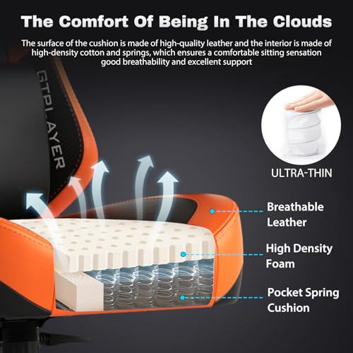 Sedia da gioco con massaggio, con cuscino a molle insacchettate, poggiapiedi, ergonomica, da gaming, braccioli 4D, sedia da PC, schienale allargato, portata 150 kg,arancia - Sedia gaming - Immagine 5
