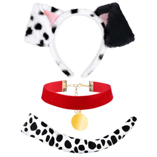 Halloween Dalmatian Costume Set Include Dog Ear Headband Velvet Choker Tail for Adults Kids Party Dress Up (Style3)