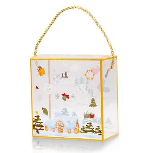 Christmas Treat Gift Boxes 5 Pack Strong Premium Boxes with Gold Lace Handle (14×7×14 cm) Reusable Xmas Favour Boxes for Small Gifts Hampers Stocking Fillers Secret Santa & Xmas Gifting