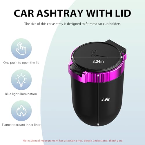Image of Car Ashtray with Lid, Detachable Smokeless Auto Cup Holder Ashtray with LED Blue Light, Stainless Steel Ash Tray Portable Mini Vehicle Trash Can for Car Home Outdoor (Purple)