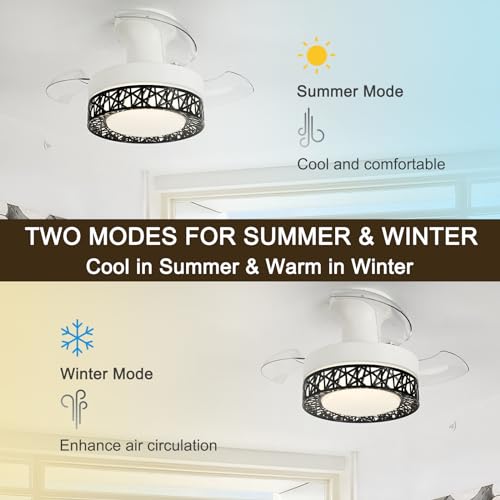Ventilatore da soffitto con pale retrattili e luce, dotato di telecomando - Ventilatore a LED DC silenzioso a 6 velocità, piccolo, ideale per camera da letto, dimmerabile tramite app, con funzione re