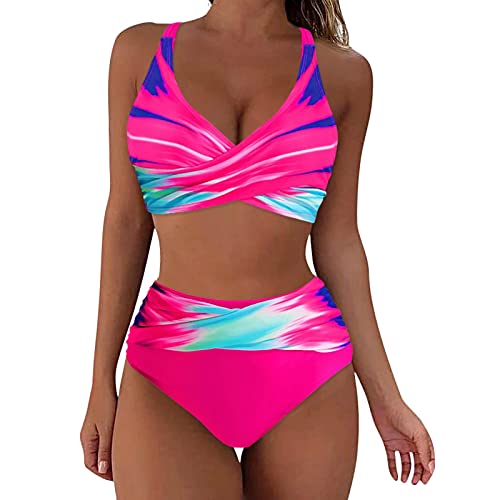 Bikinis Y Bañadores Mujer 2026 Mujer Traje Baño Traje de Baño de Bikini Piezas con Cintura Alta Y Estampado Degradado para Braga Bikini Bikinis Brasileño (Hot Pink M)