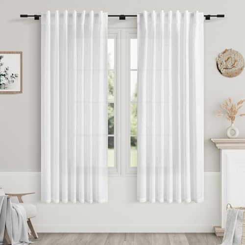 Image of Nanspring White Linen Curtains 61 Inch Length for Living Room Neutral Modern Farmhouse Window Curtain 2 Panels Set Semi Sheer Light Filtering Privacy Back Tab Rod Pocket Drapes for Bedroom 52x61