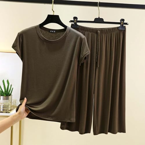 Modal Capris Pajamas Sets Women Loose Crewneck Short Sleeve Sleepwear Tops Matching Summer 2 Piece Lounge Outfits3